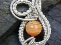 Silver-Plated Wire-Wrapped Pendant - Orange & Peach Swirl Glass Bead