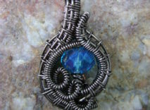 Gunmetal Wire-Wrapped Pendant - Aqua Faceted Clear Glass Rondelle Bead