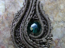 Gunmetal Wire-Wrapped Pendant -Green Faceted Clear Glass Rondelle Bead