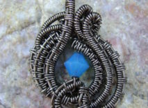 Gunmetal Wire-Wrapped Pendant -Turquoise Colored Opaque Glass Bicone