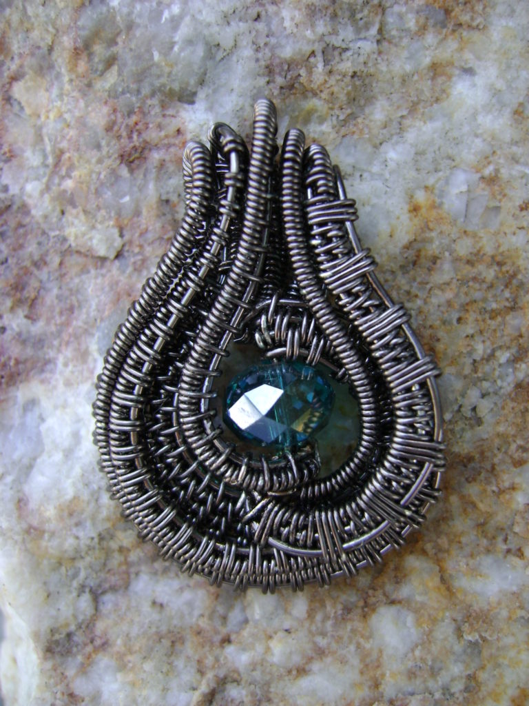 Gunmetal WireWrapped Pendant Teal Faceted Glass Bead Blue Home Jewelry