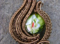 Antique Bronze Wire-Wrapped Pendant – Green, White, & Red Round Glass Bead With Accent