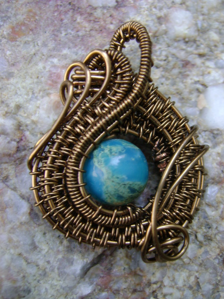 Antique Bronze WireWrapped Pendant Blue & Green Round Stone Bead
