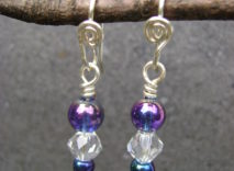 Silver-Plated Wire-Wrapped Earrings - Purple & Green Metallic Look Beads