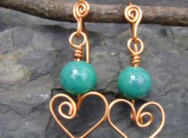 Brass Wire-Wrapped Earrings - Teal Bead & Heart Shape
