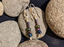 Silver-Plated Wire-Wrapped Earrings - Metallic Look Green & Purple Beads
