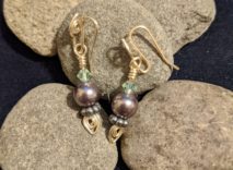 Silver-Plated Wire-Wrapped Earrings - Blue Diamond Bead & Flower Bead