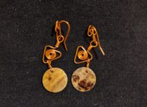 Copper Wire-Wrapped Earrings - Iridescent Gray Disc