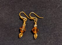 Gold Color Wire-Wrapped Earrings - Transparent Orange Bicone Bead